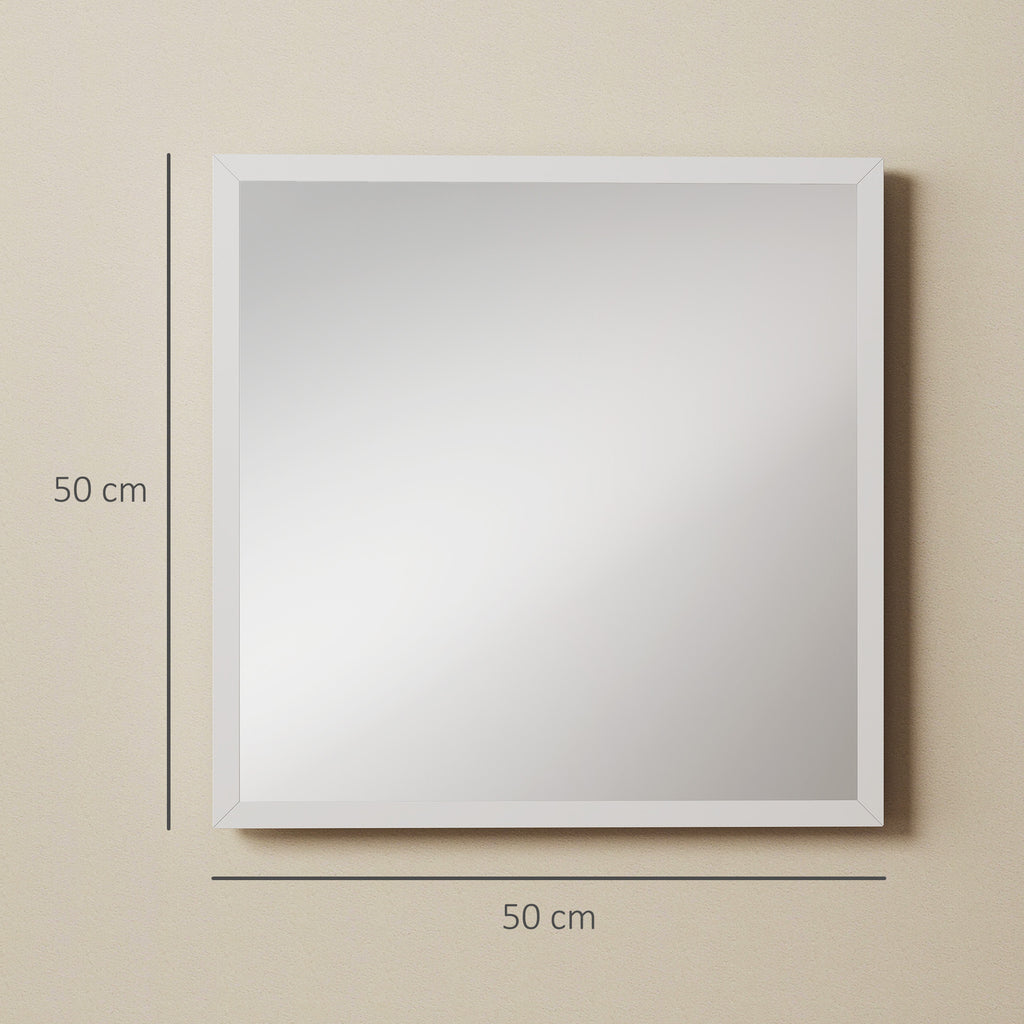 HOMCOM Rectangular Wall Mirror with Hooks, Glass and MDF Wall Mirror, 50x50 cm, White