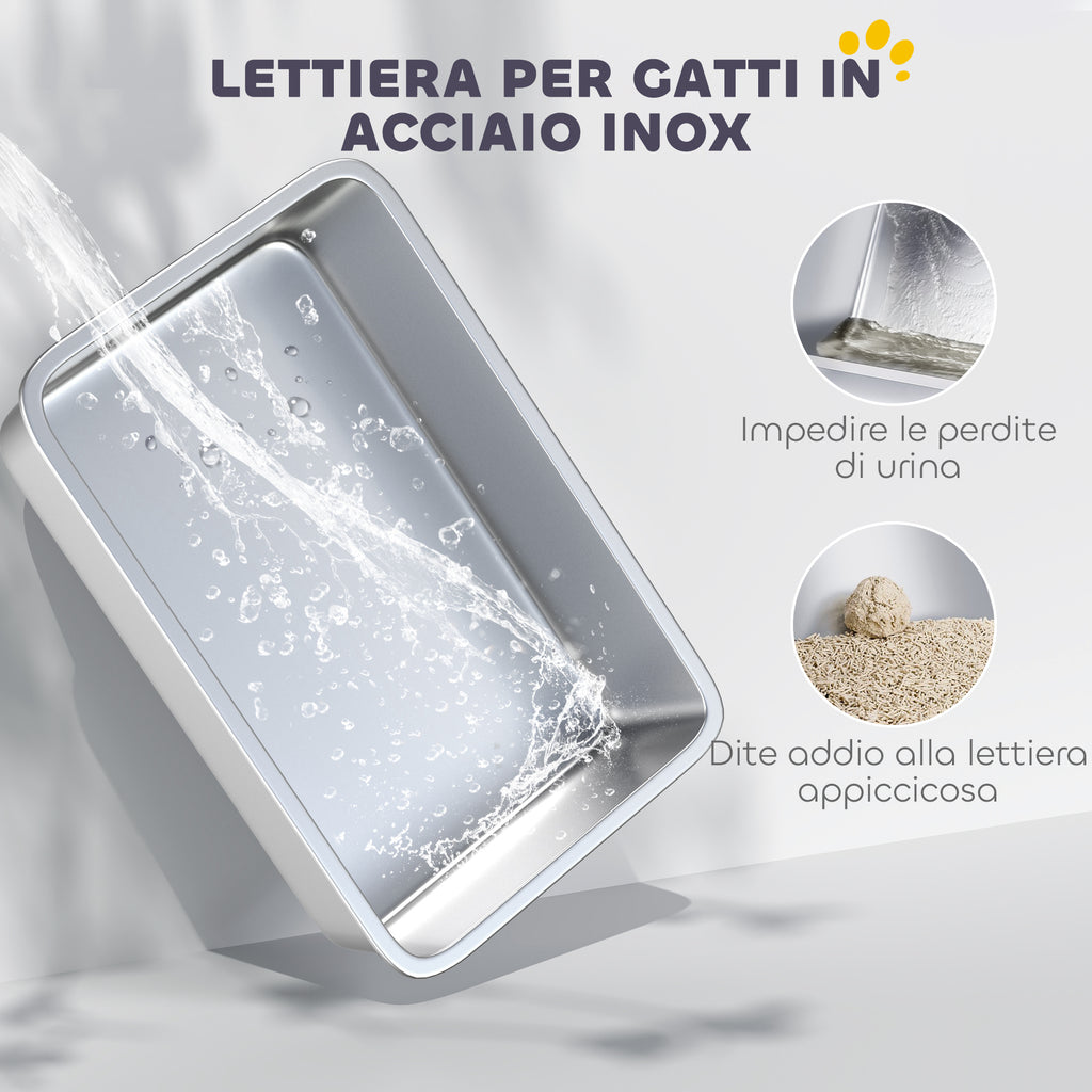 Enclosed Cat Litter Box with 2 Mats, Stainless Steel, ABS and PP, 60.5x40.5x42 cm, White and Silver