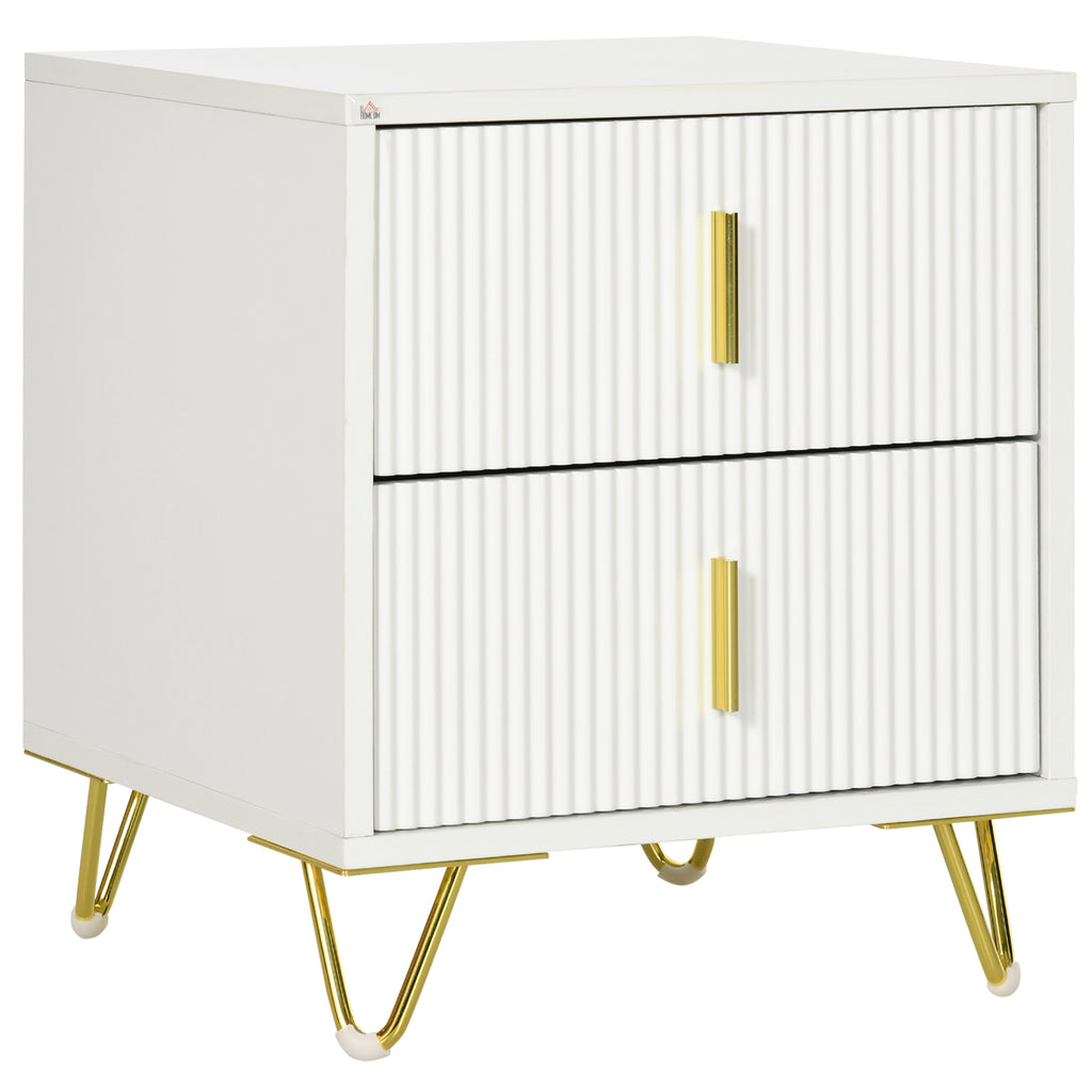 2-Drawer Wooden Nightstand with Metal Handles and Legs, 40x40x47 cm, White and Gold