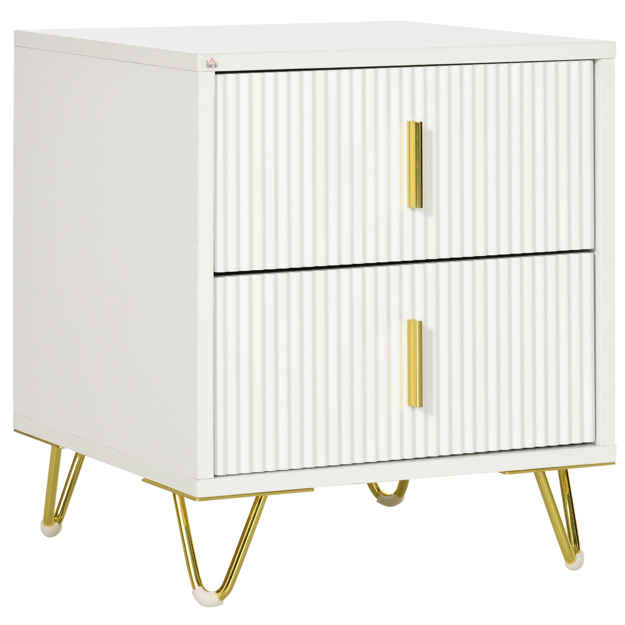 2-Drawer Wooden Nightstand with Metal Handles and Legs, 40x40x47 cm, White and Gold