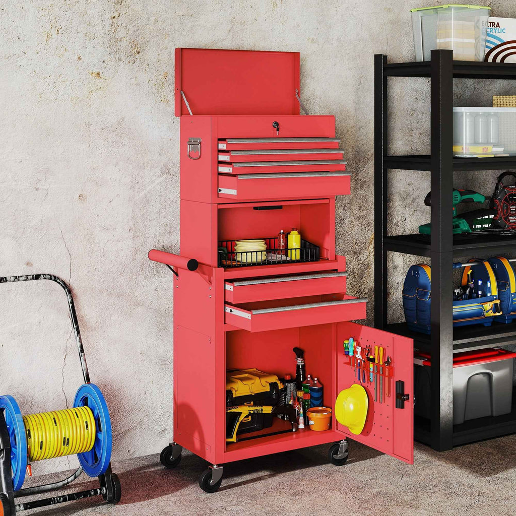HOMCOM Steel Tool Cart with Lock, 6 Drawers, 2 Cabinets, Pegboard, Wheels and Handle, Red