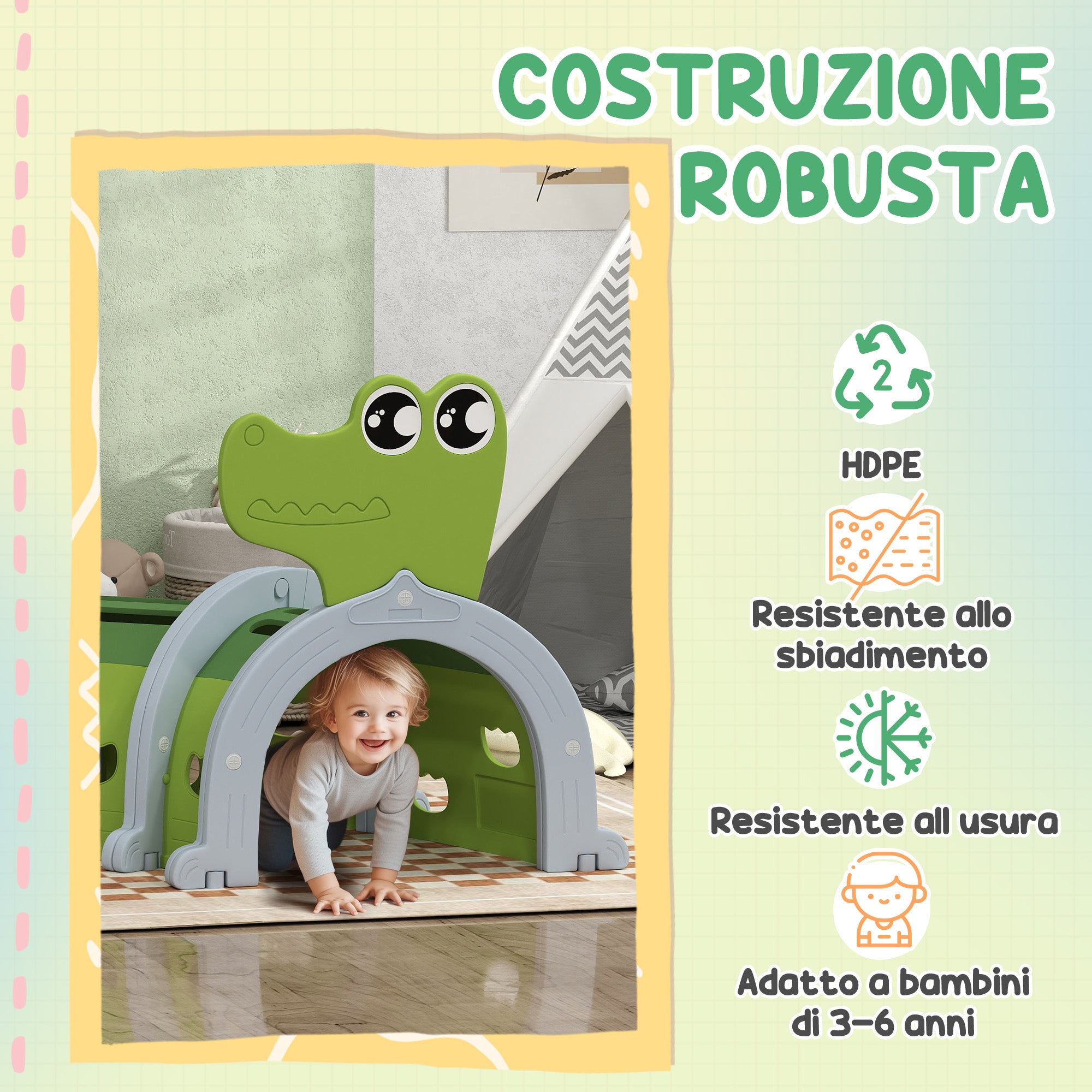 Crocodile-Shaped Tunnel for Children 3-6 Years, Indoor and Outdoor Toy in Plastic, Green