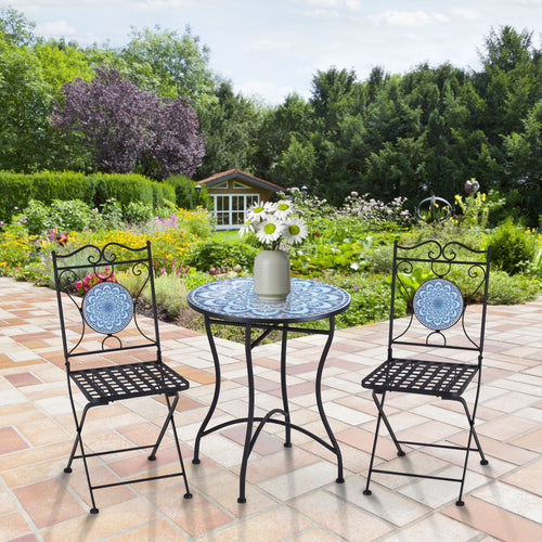 3-Piece Garden Set, Coffee Table and 2 Folding Chairs with Mosaic, Blue