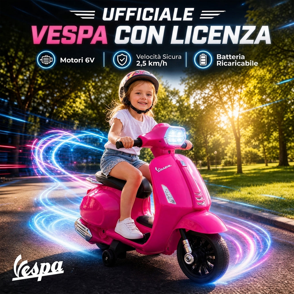 AIYAPLAY Kids Electric Motorcycle with Vespa License, 6V Rechargeable Battery, Training Wheels and Lights, Ages 2-4 Years, Pink