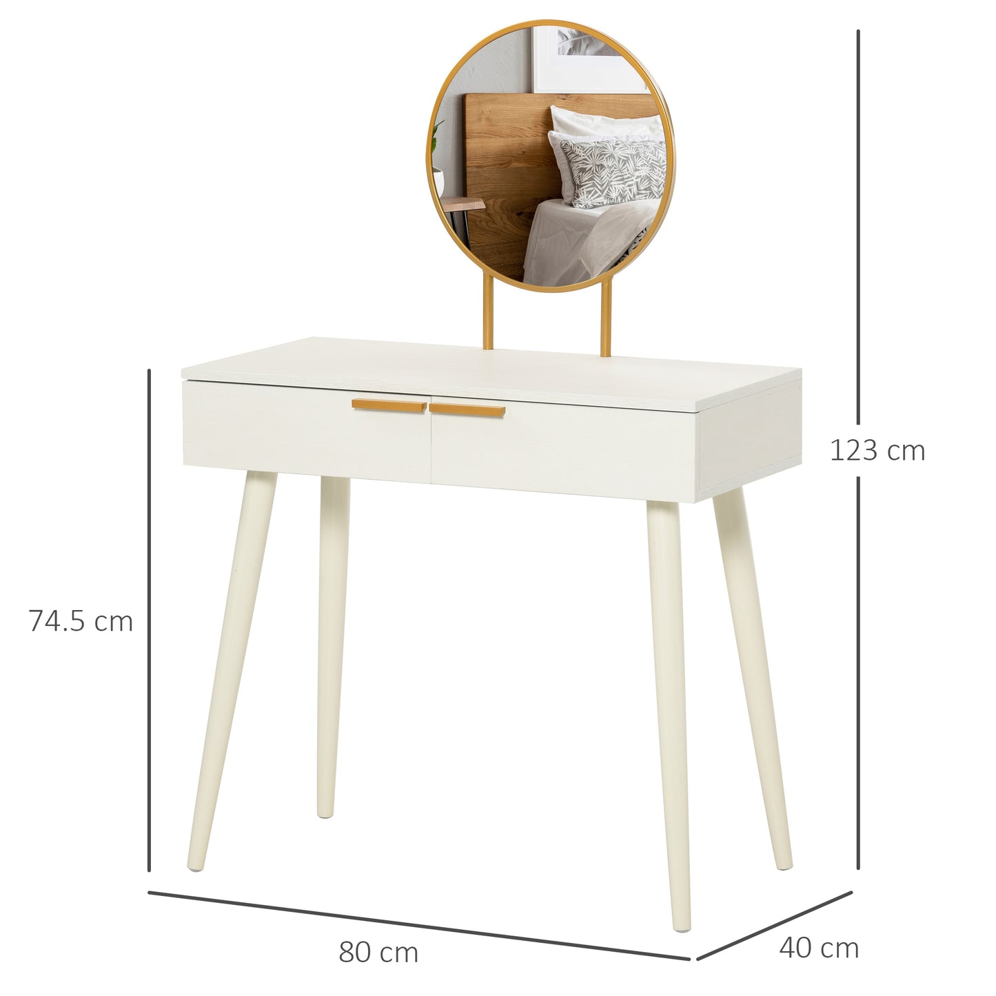 Wooden Makeup Table with Mirror and 2 Drawers for Accessories, 80x40x123 cm, White