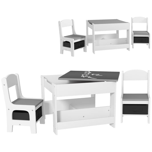 Children's Table and 2 Chairs Set, 2 in 1 Table Top with Blackboard and Storage, Grey