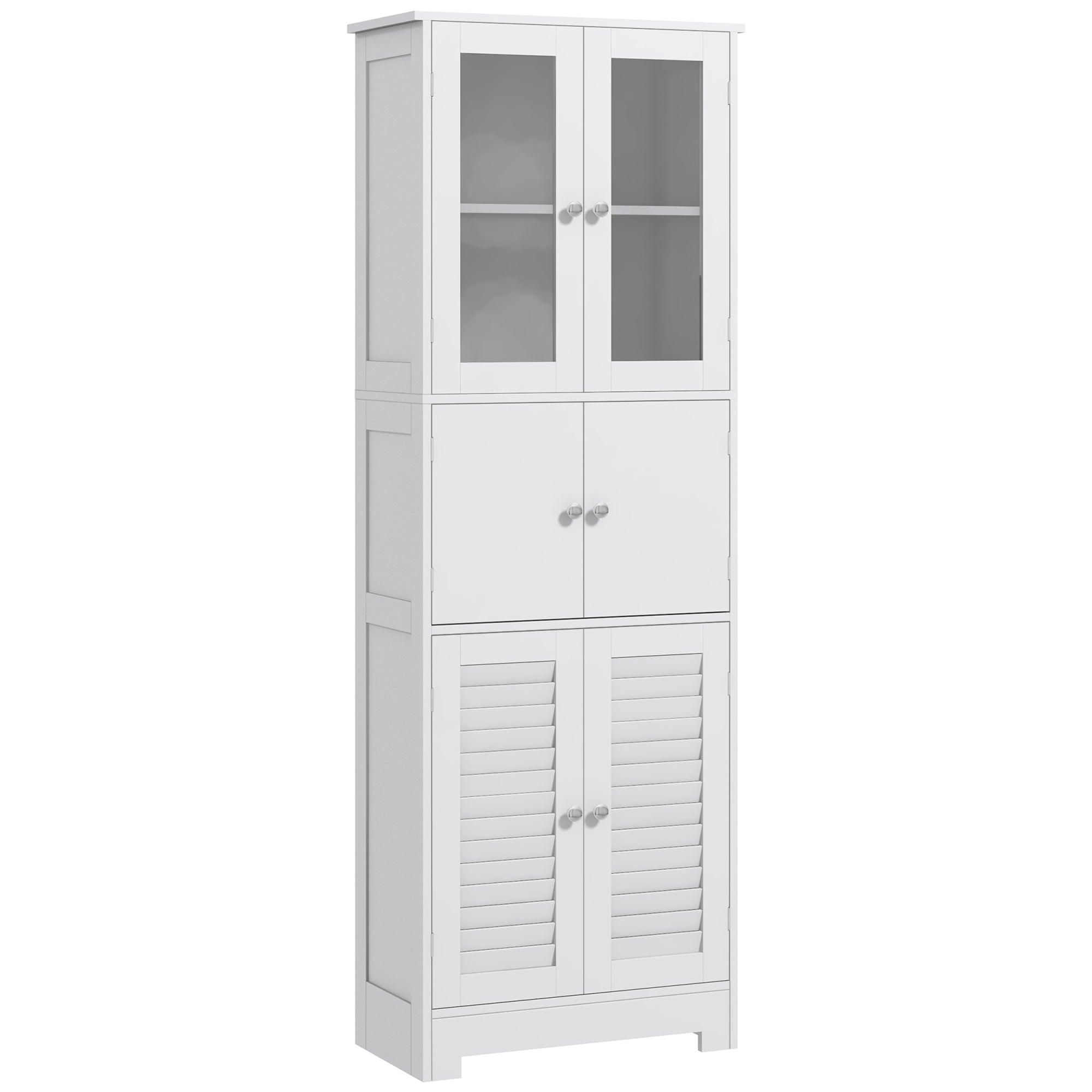 Bathroom Cabinet Column with 3 Cabinets and Glass Doors and Shutters, 60x30x170.5cm, White