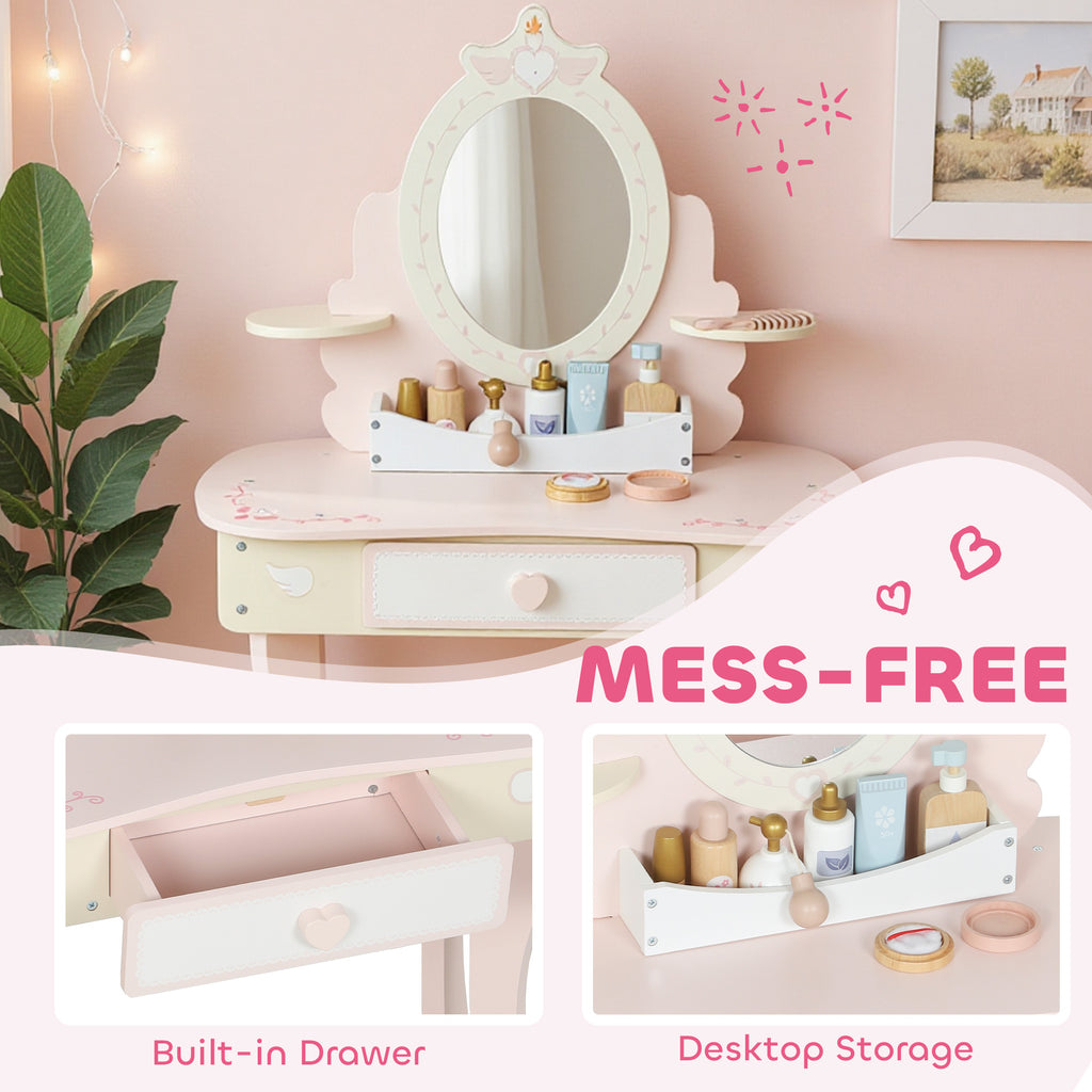 2-in-1 Wooden Dressing Table and Stool Set for Kids with 7 Accessories Included, Pink