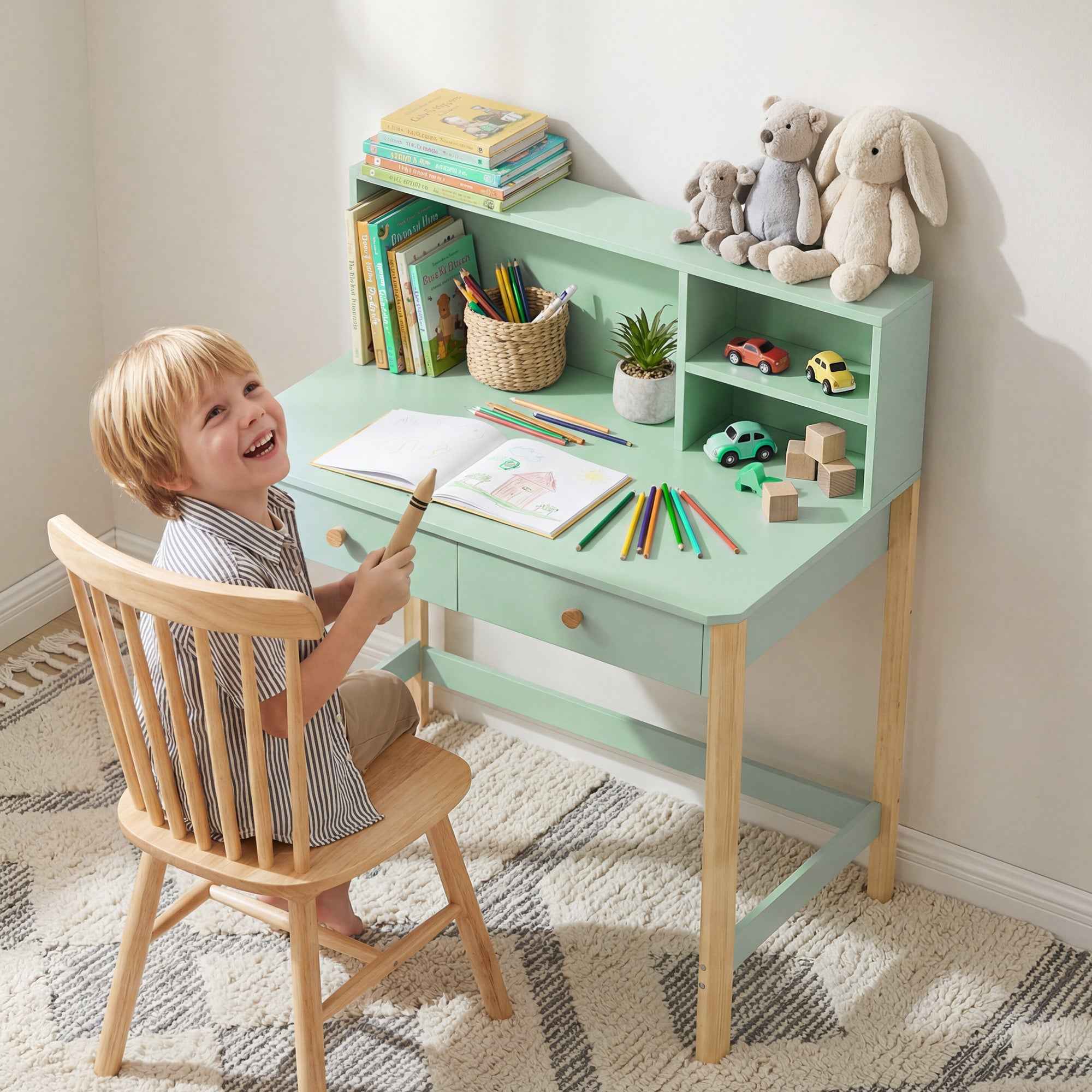 Children's Desk for Ages 5-12 with 3 Shelves and 2 Drawers, Wooden, 90x52x105 cm, Green
