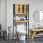 HOMCOM Cabinet Above Toilet with Cabinet 2 Slatted Doors and Open Shelf, 60x21.5x172cm, Wood Color - Borgè