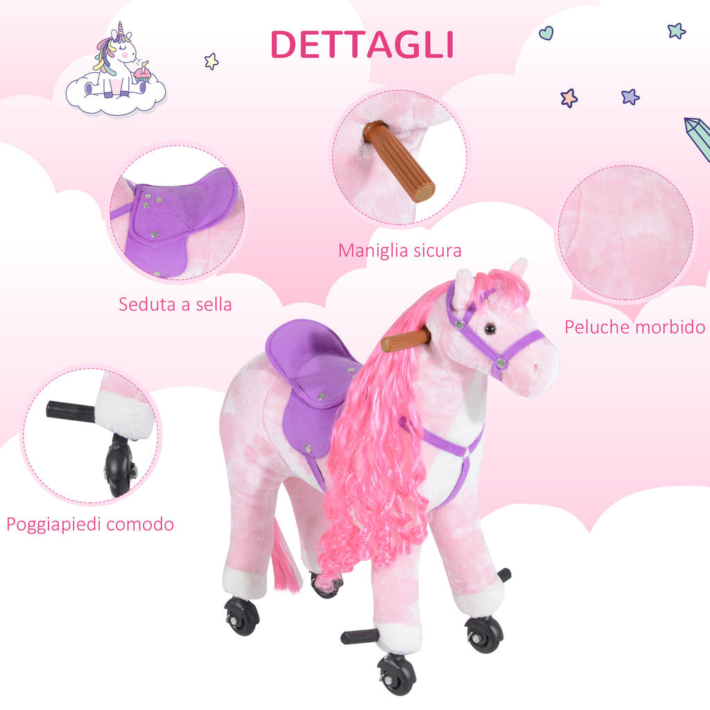 Rocking Horse for Children Ages 3+ with 4 Wheels, Realistic Sounds and Footrest, 65x28x75 cm, Pink