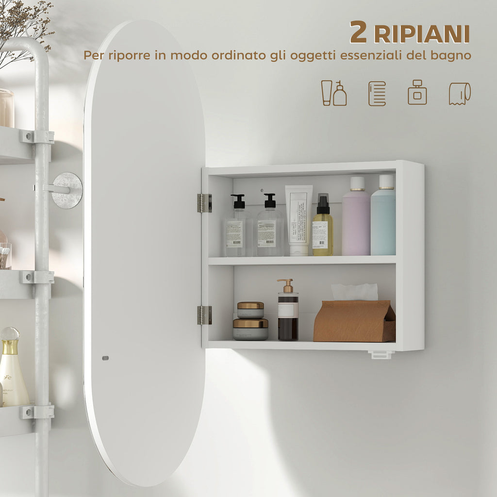 Modern Oval Bathroom Mirror with Cabinet and Two Shelves, 45x90 cm, White