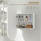 Modern Oval Bathroom Mirror with Cabinet and Two Shelves, 45x90 cm, White