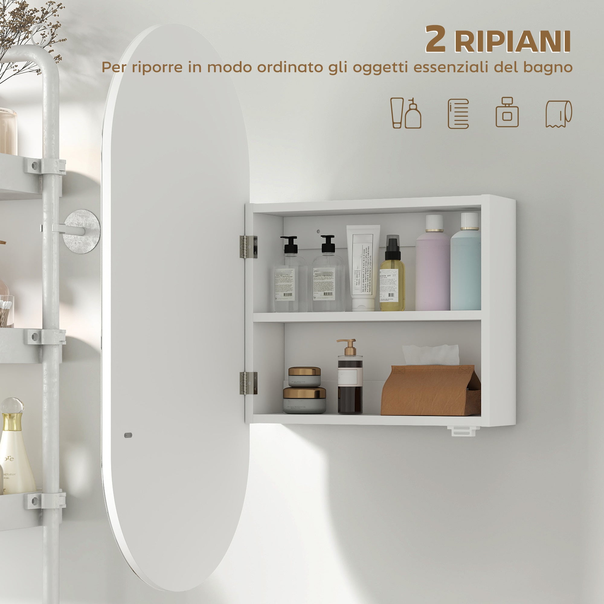 Modern Oval Bathroom Mirror with Cabinet and Two Shelves, 45x90 cm, White