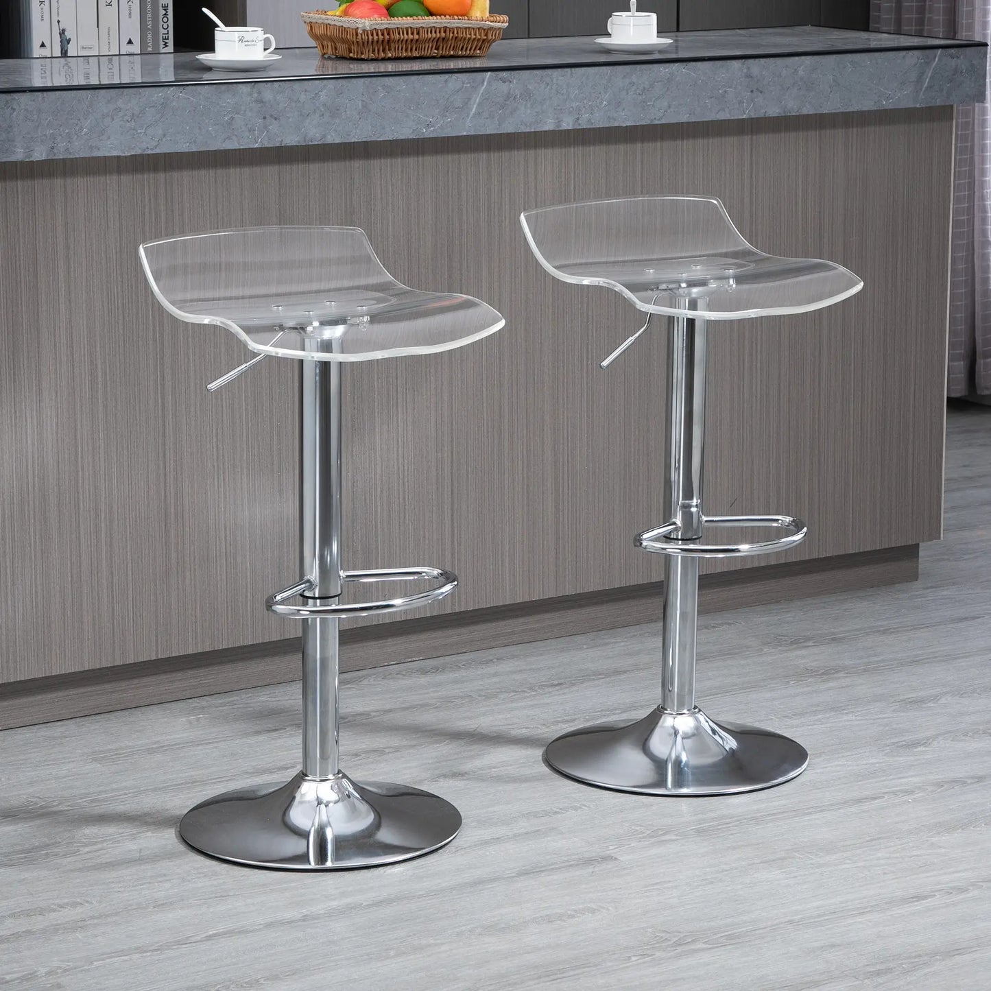 Set of 2 Bar Stools with Adjustable Height, Swivel Seat and Footrest, Metal and Acrylic, Transparent