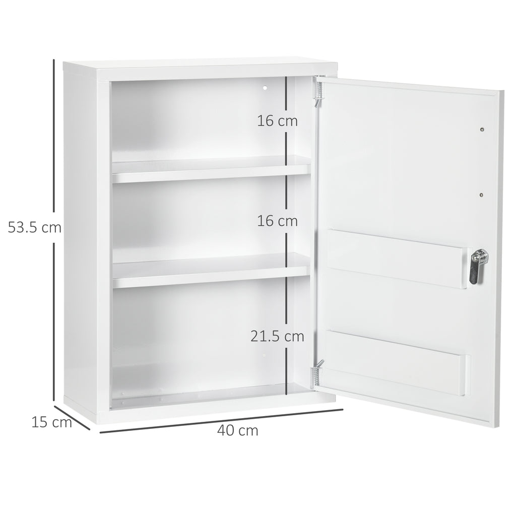 kleankin 3-Tier Medicine Cabinet with Lock and 2 Keys, Steel, 40x15x53.5 cm, White - Borgè