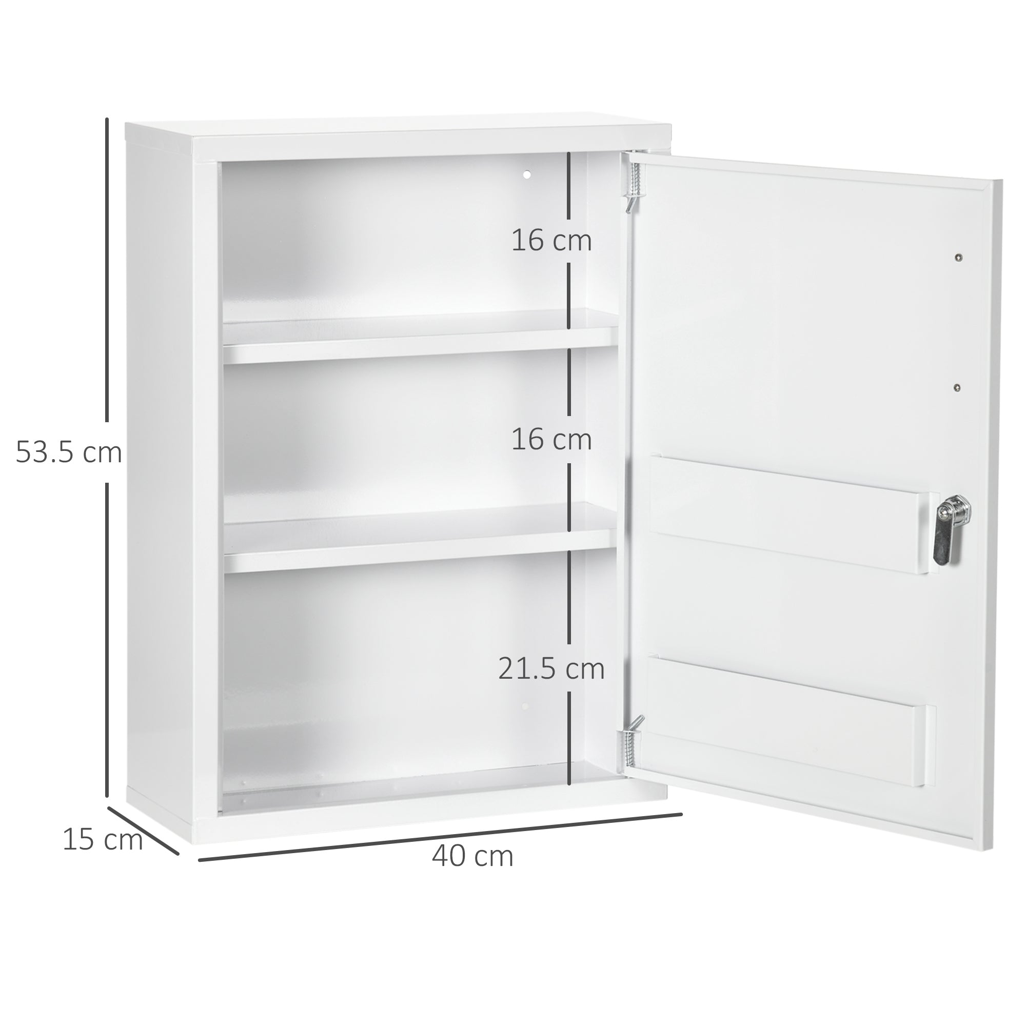 kleankin 3-Tier Medicine Cabinet with Lock and 2 Keys, Steel, 40x15x53.5 cm, White - Borgè