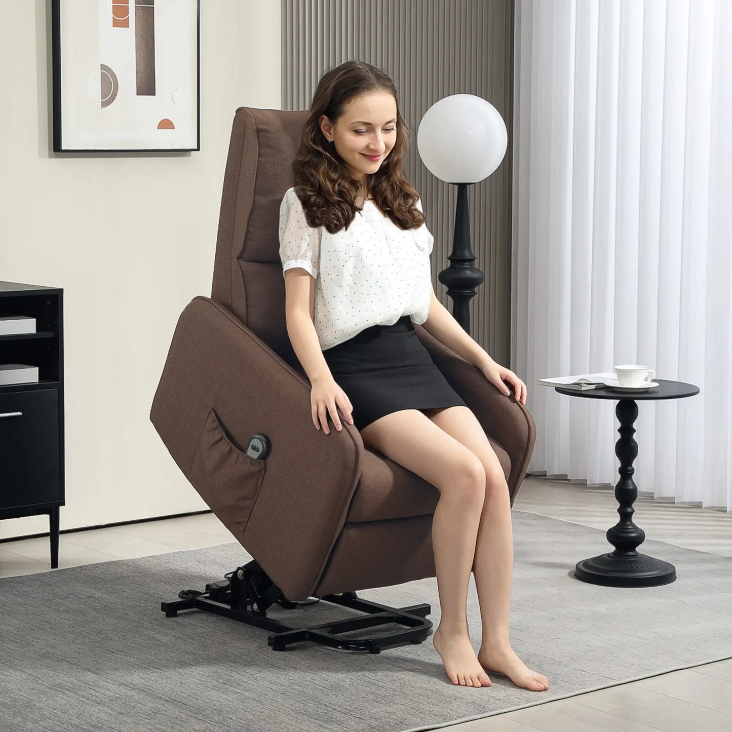 Electric Lift Recliner Chair with Remote Control and Fabric Pocket, Dark Brown