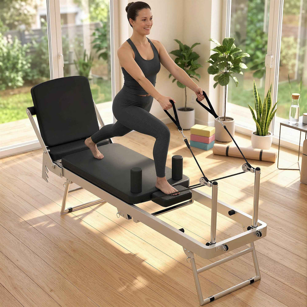SPORTNOW Folding Pilates Reformer for Home with 2 Resistance Bands