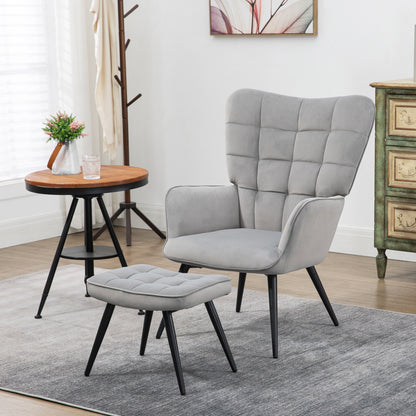 Upholstered Armchair with Armrests and Integrated Footrest in Velvet Effect Fabric Light Grey - Borgè