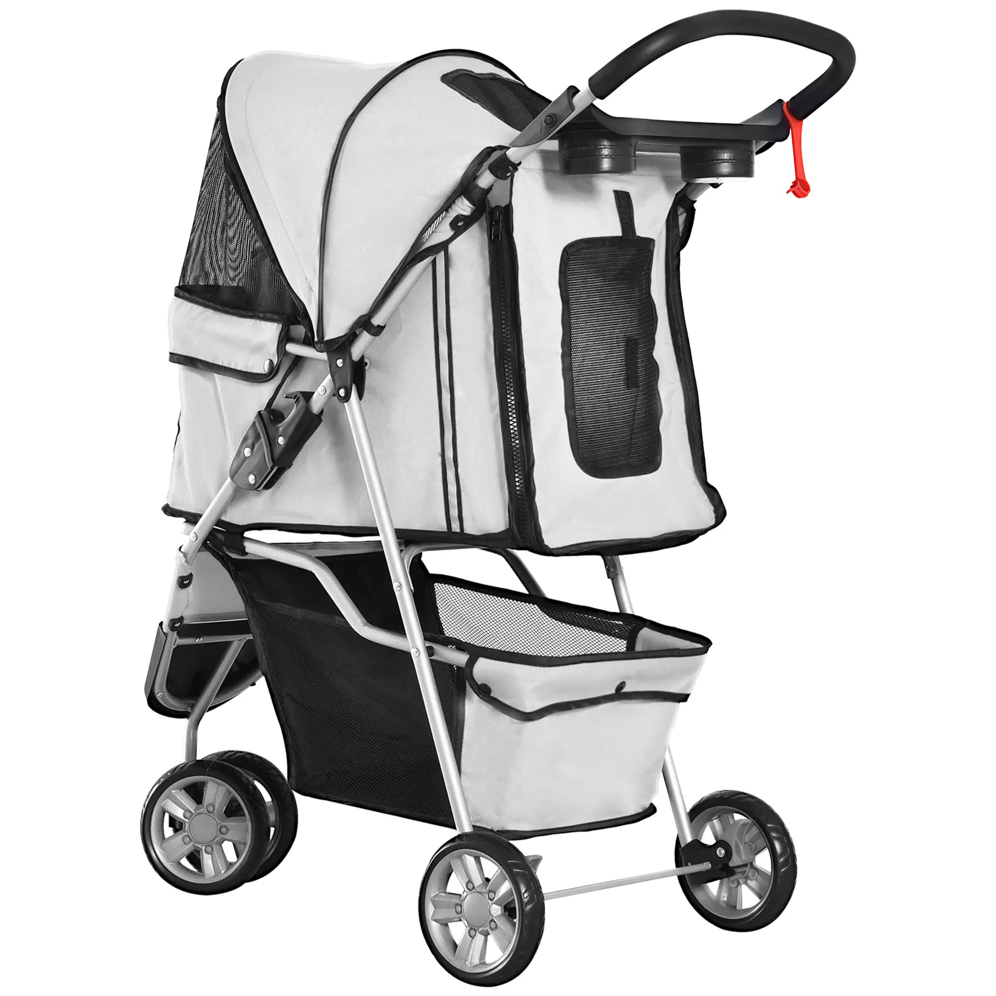 Folding Dog Stroller with Cup Holder and Basket, Steel and Polyester, 75x45x97 cm, Grey - Borge' Group Limited