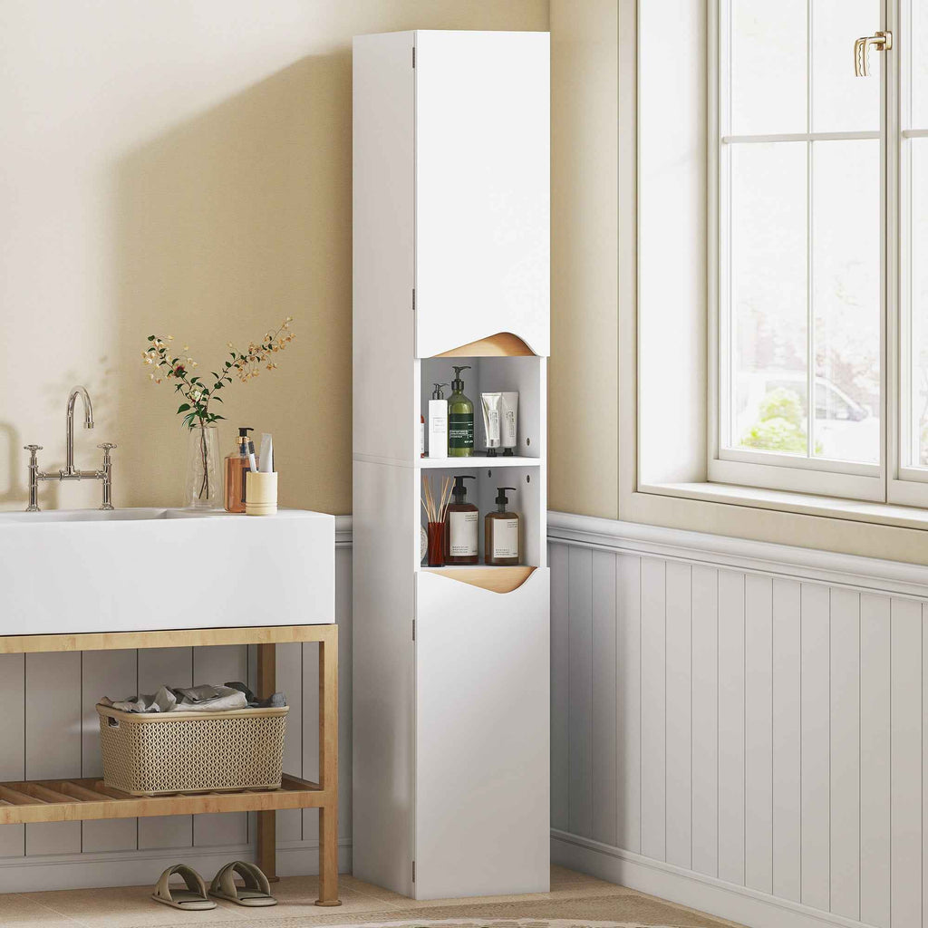 HOMCOM Wooden Bathroom Cabinet with 2 Open Shelves and 2 Cabinets, 30x34.6x180.5 cm, White and Wood Color