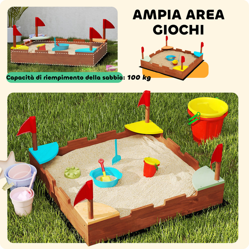 Sandpit for Children 3-7 Years in the Shape of a Castle with 4 Seats in Fir Wood, 90x90x17 cm, Multicolor