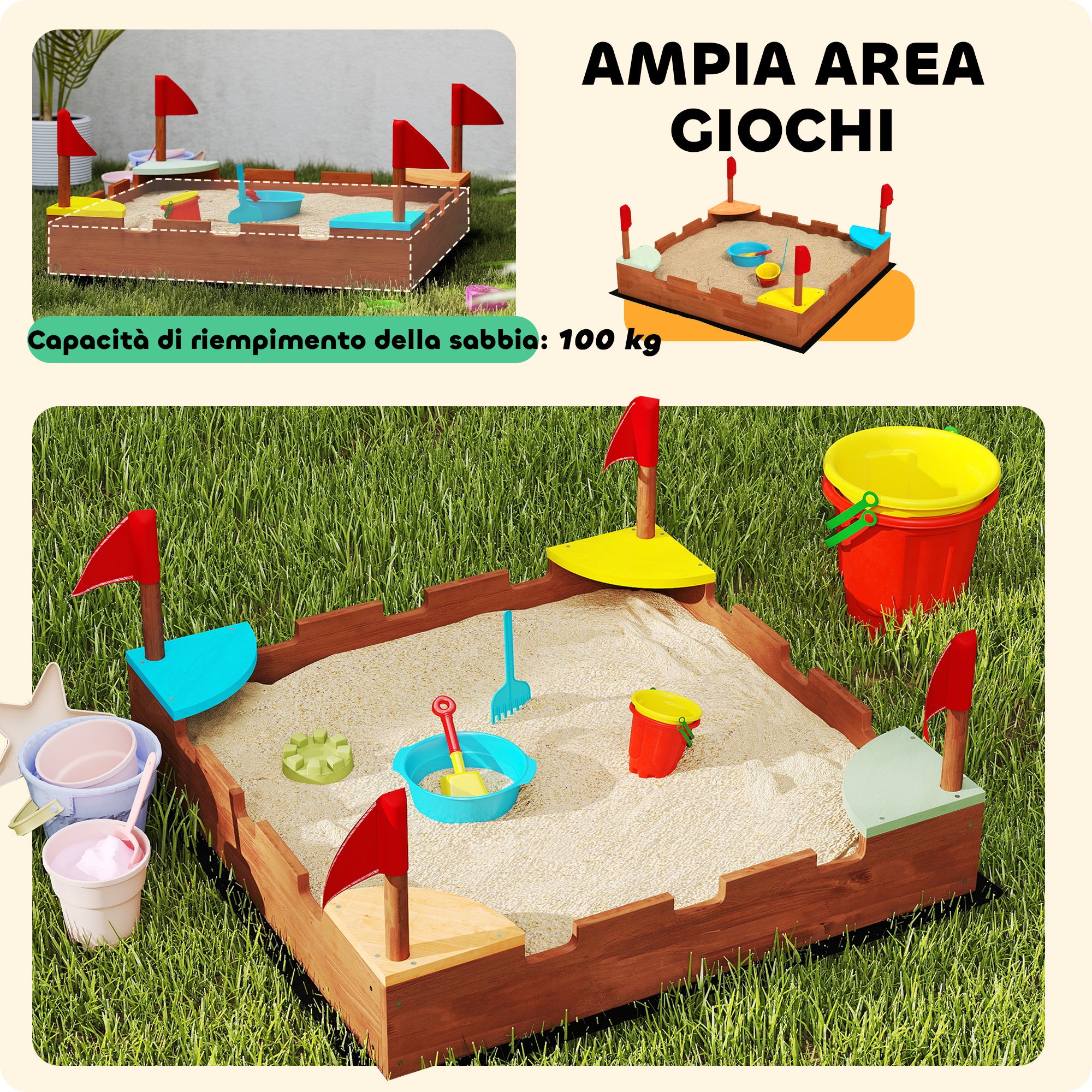 Sandpit for Children 3-7 Years in the Shape of a Castle with 4 Seats in Fir Wood, 90x90x17 cm, Multicolor