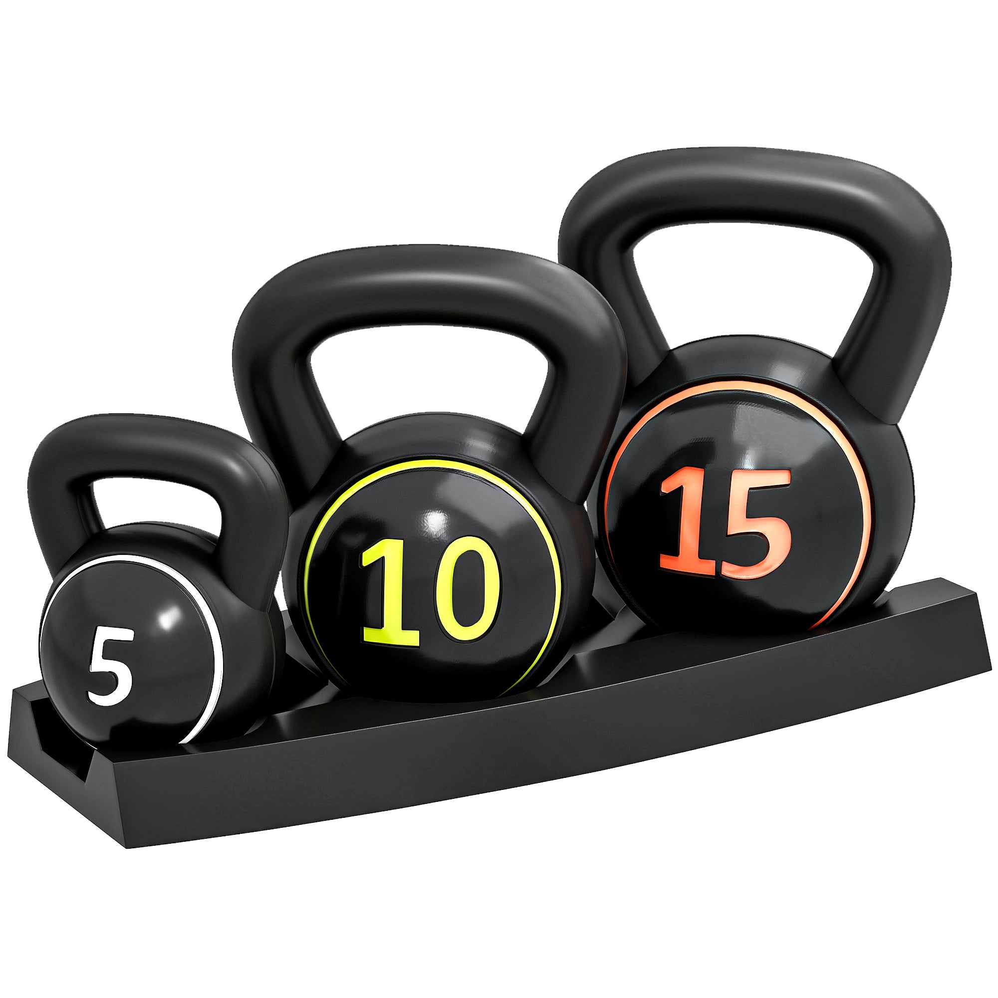 SPORTNOW Set of 3 Kettlebells of 2.2 kg, 4.5 kg and 6.8 kg with Flat Base and Weight Holder, in Plastic and Sand, Black
