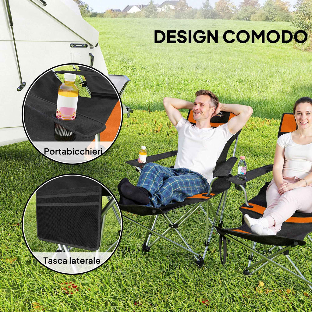 Outsunny Set of 2 Folding Camping Chairs with Footrest and Cup Holder, 82x50/100x88 cm, Black and Orange