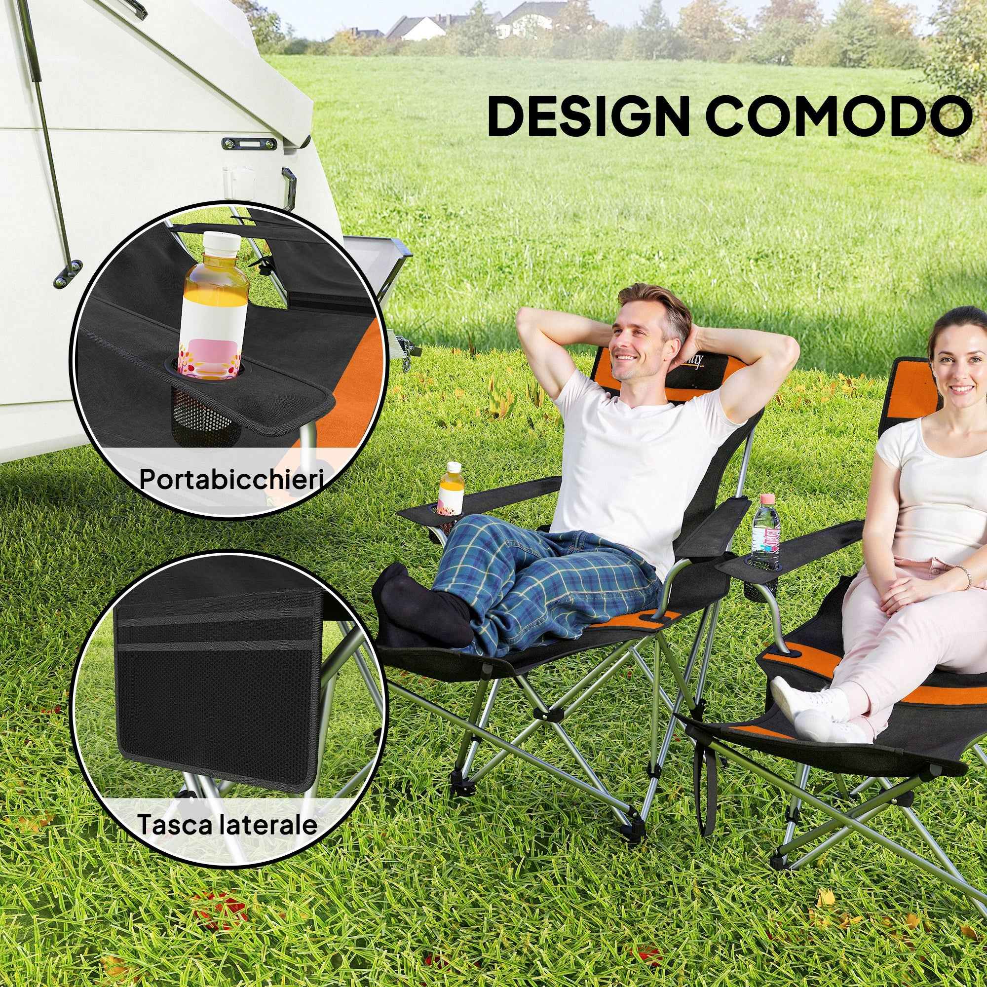 Outsunny Set of 2 Folding Camping Chairs with Footrest and Cup Holder, 82x50/100x88 cm, Black and Orange