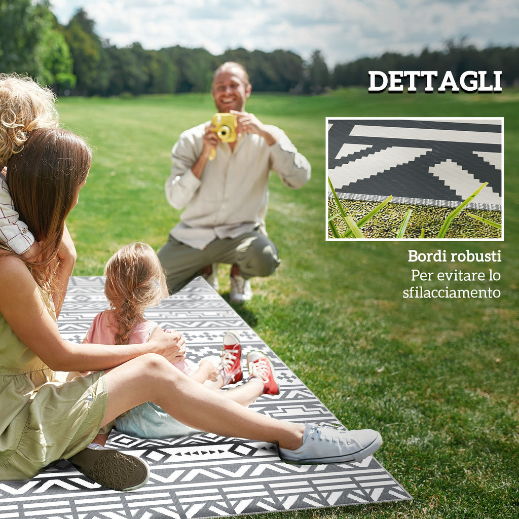 Reversible Outdoor Rug with Geometric Pattern and Bag Included, 182x274 cm, Gray and White