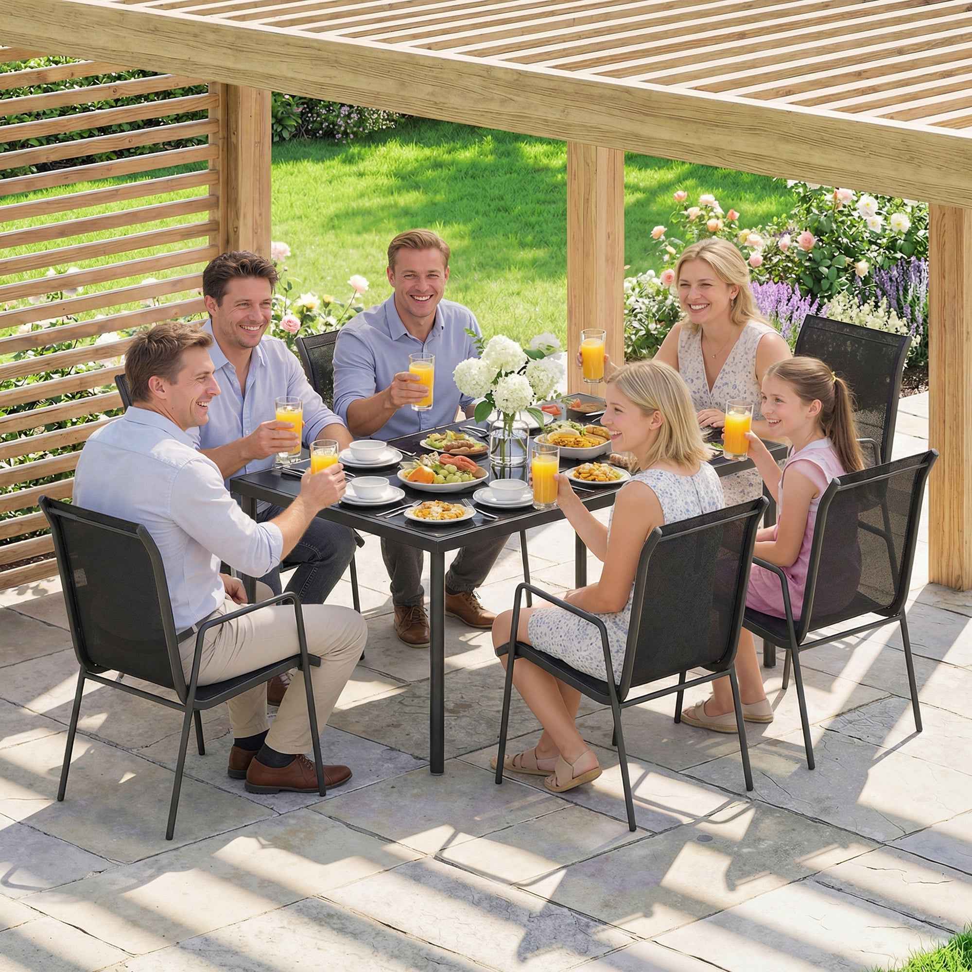 Outsunny 7-Piece Steel Outdoor Set with 6 Stackable Texteline Chairs and Glass-Top Coffee Table, Black