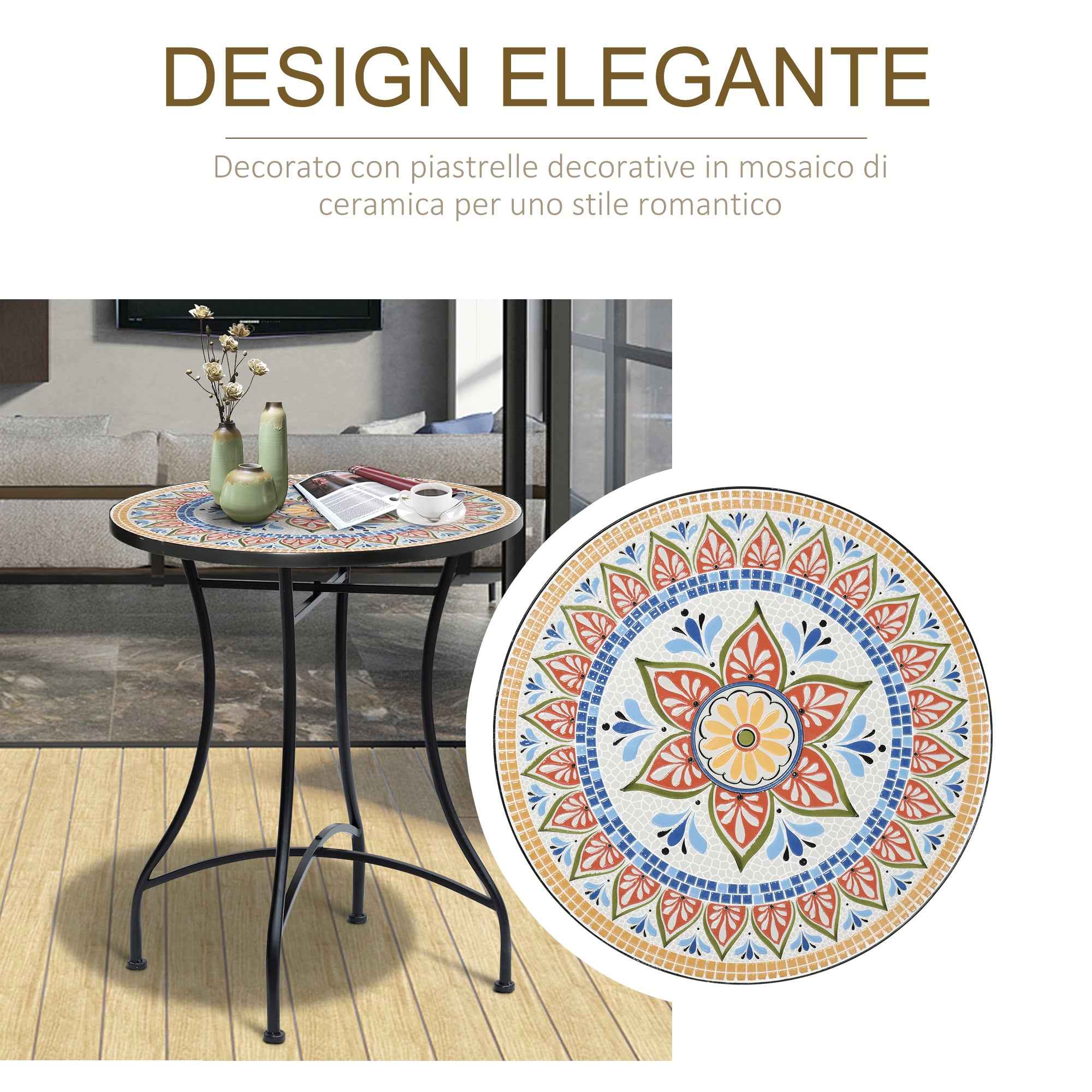 Round Garden Table Ø60cm in Metal and Mosaic, Outdoor and Indoor Furniture, Red