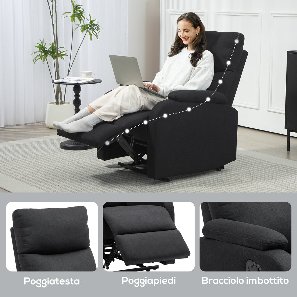 Manual Reclining at 60° with Extra Padded Fabric Chair and Footrest, Black