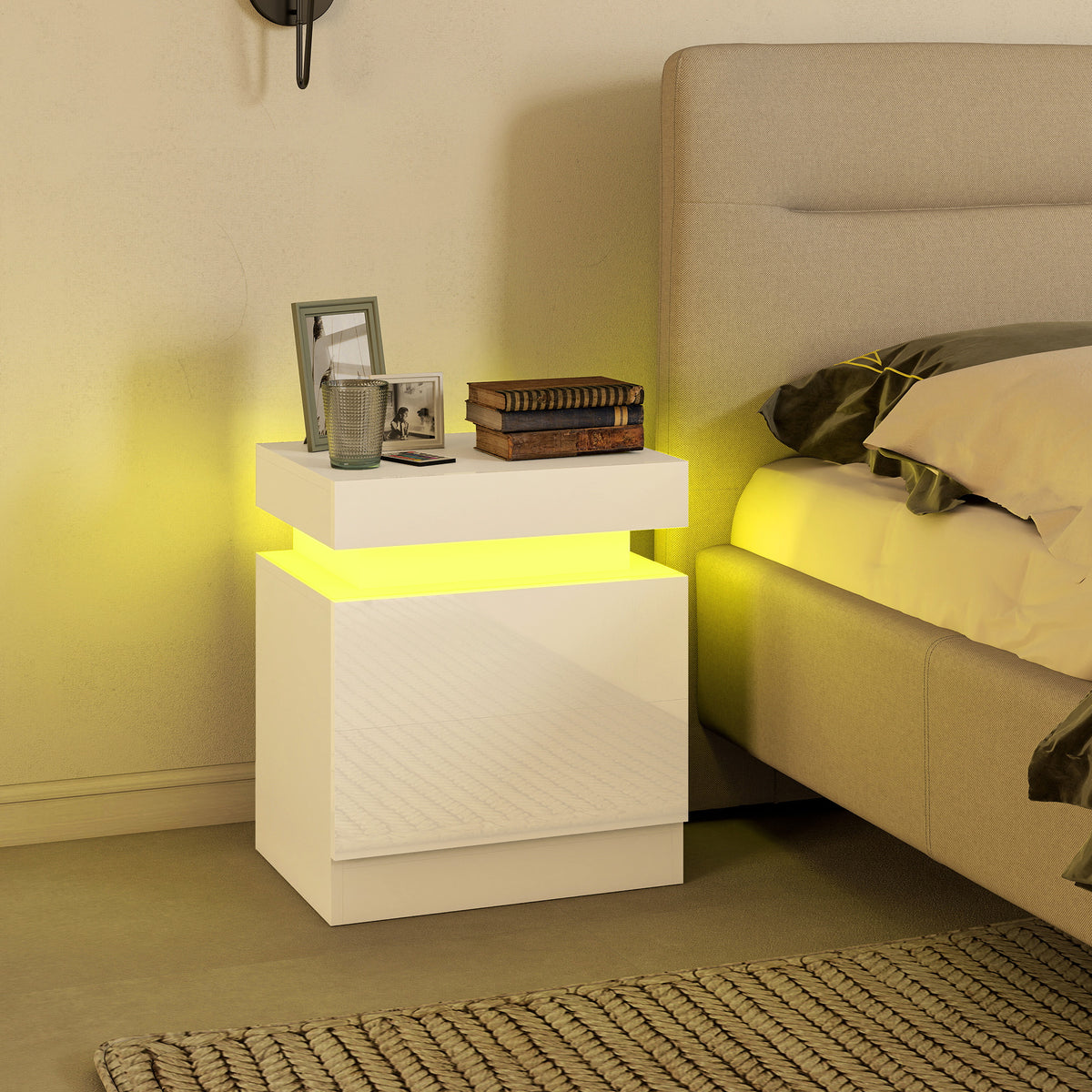 HOMCOM Set of 2 LED Nightstands with 16 Colors and 4 Modes with 2 Drawers, Wooden, 45x35x52 cm, Glossy White