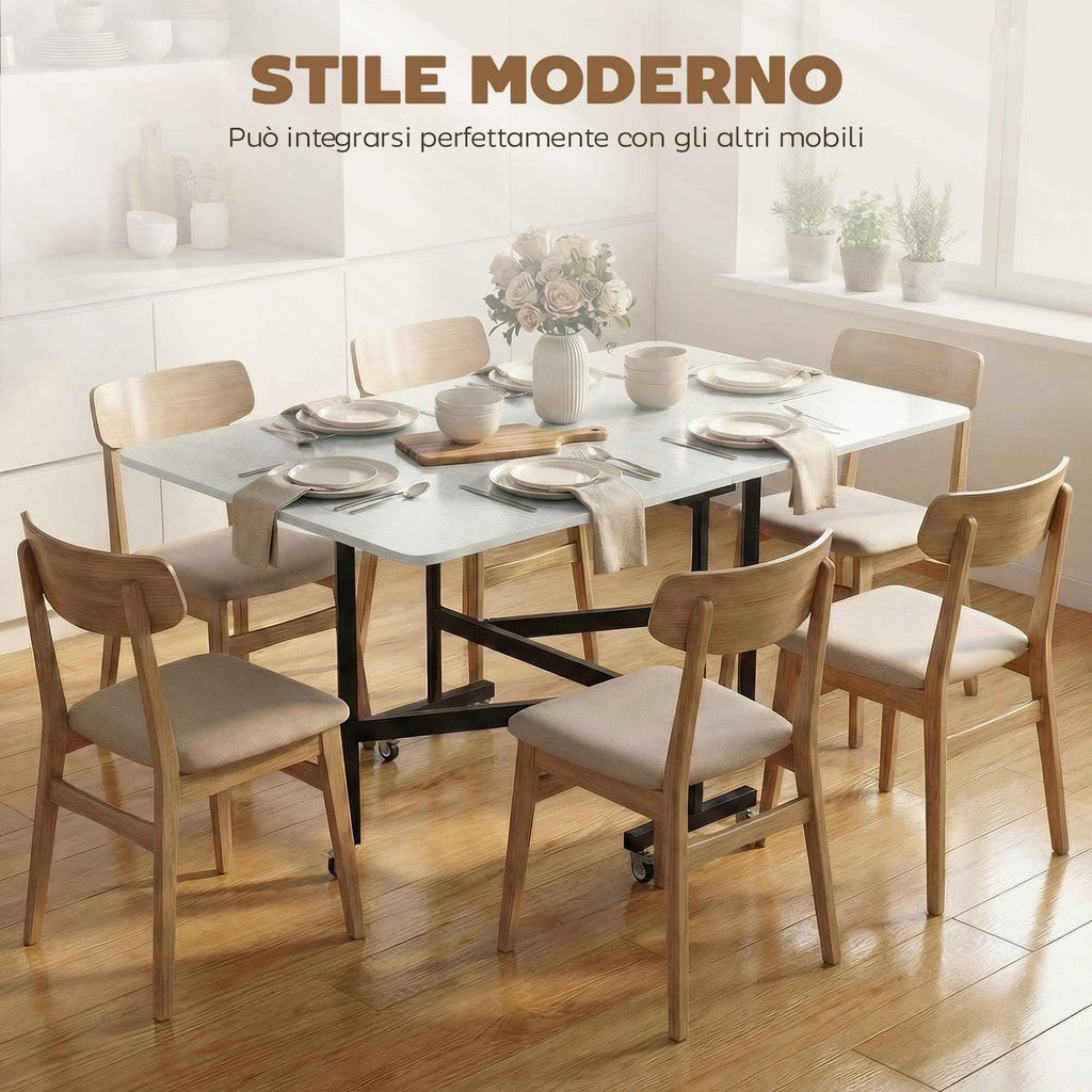 HOMCOM Folding Table for 4-6 People with 2 Flaps and Wheels with Brakes, 120x80x73 cm, White Wood