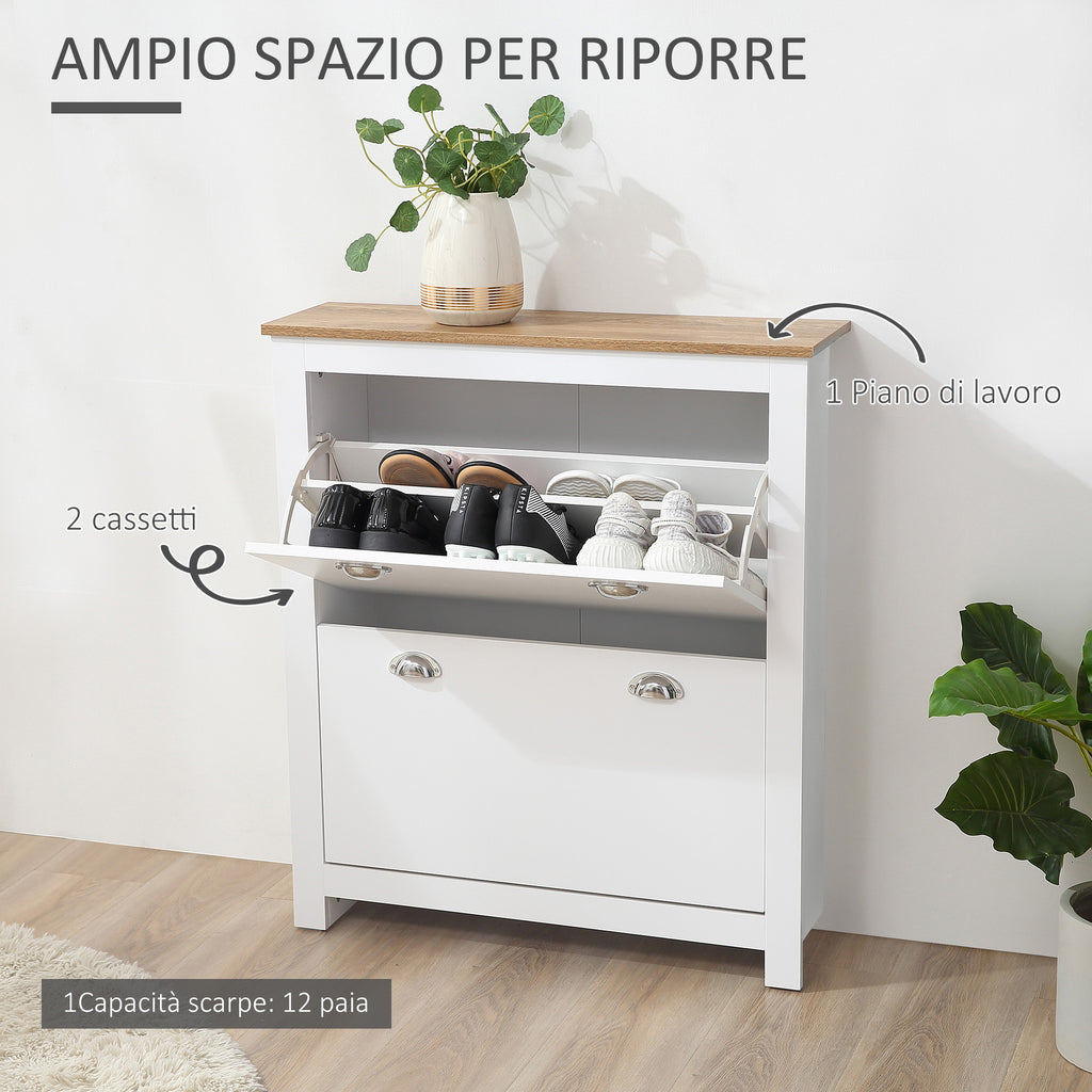 Slim Shoe Rack 2 Flap Drawers and Adjustable Shelf for 12 Pairs of Shoes, 79x23x90.5 cm, White