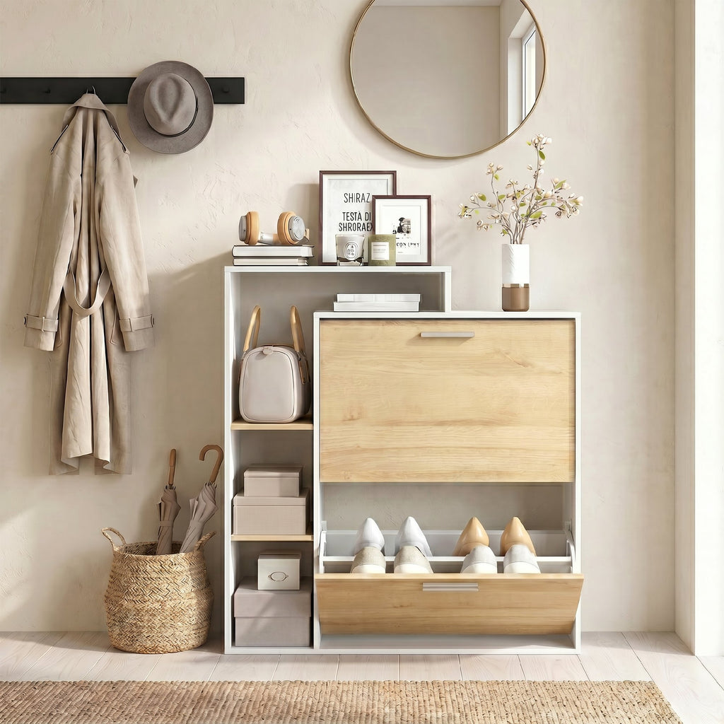 HOMCOM Shoe Cabinet with 2 Hinged Drawers and Shelves, White and Natural Wood.