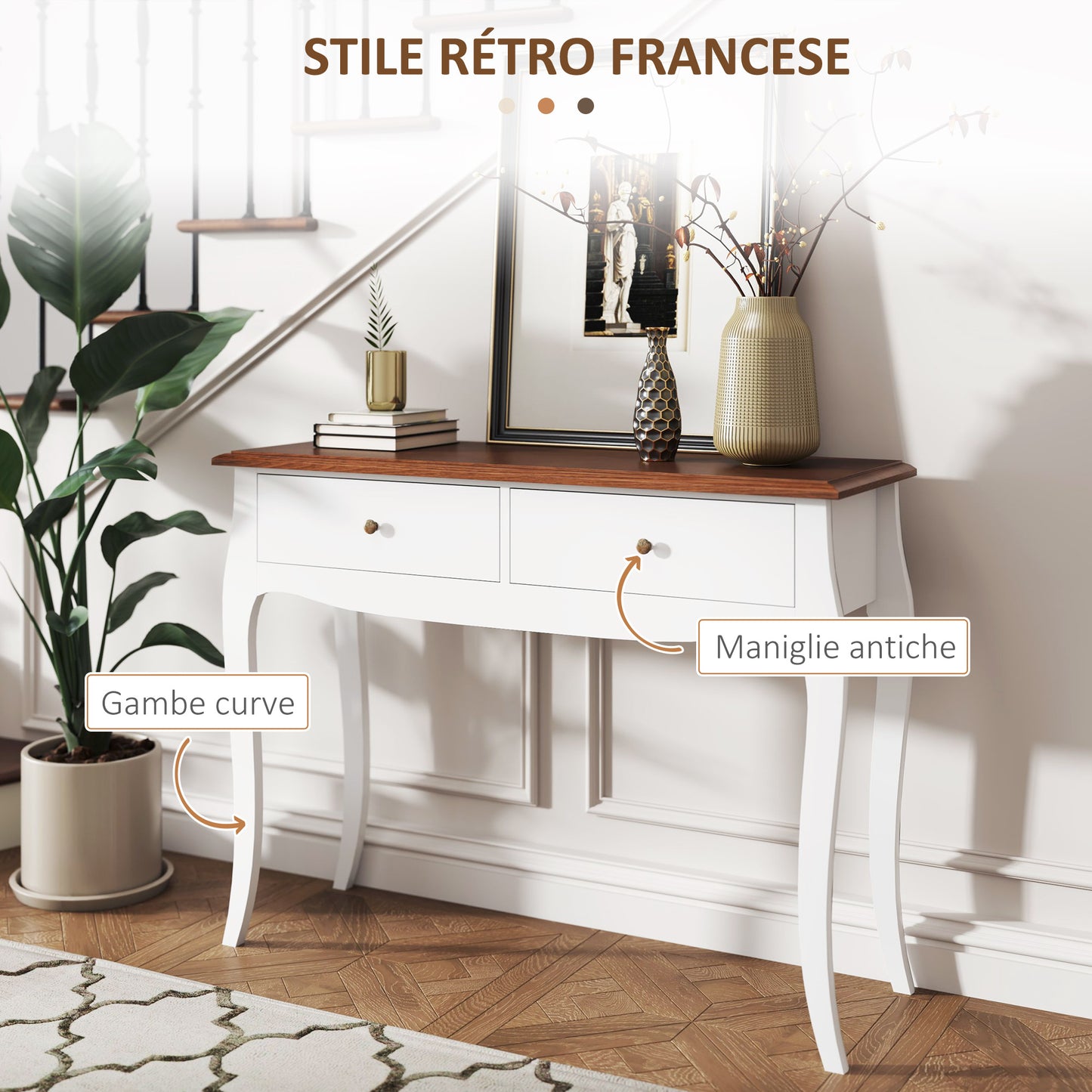 Modern Console Table with 2 Drawers in Wood, 100x35x76.5 cm, White and Dark Brown