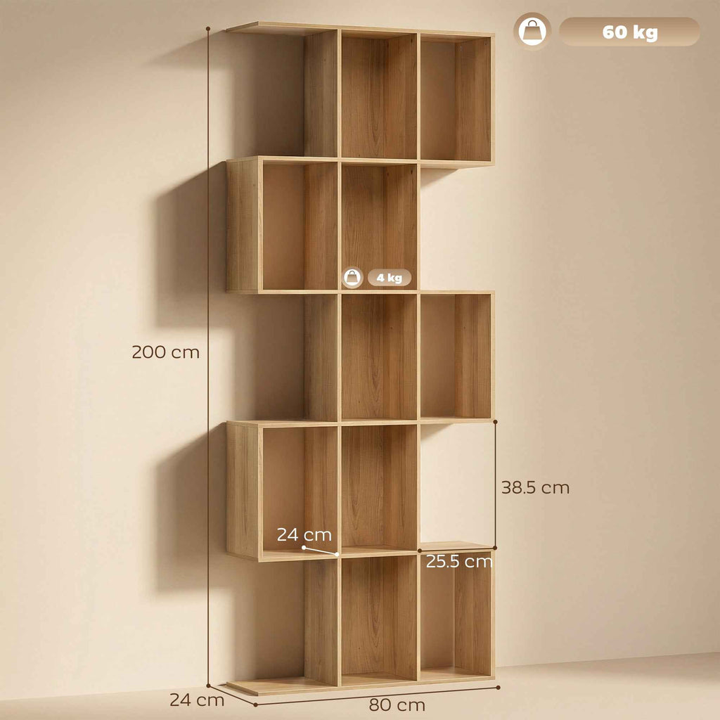 5-Tier S-Shaped Bookcase with 15 Shelves, Wooden, 80x24x200 cm, Oak Color
