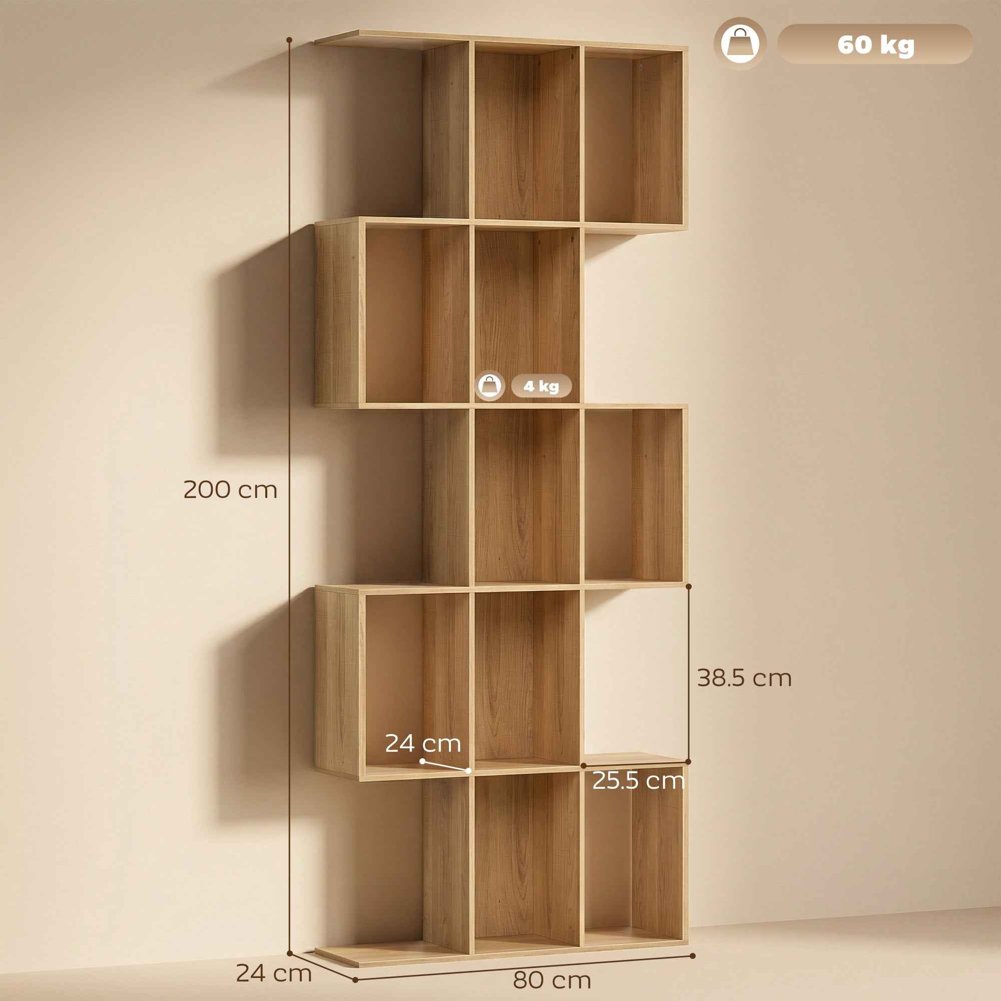 5-Tier S-Shaped Bookcase with 15 Shelves, Wooden, 80x24x200 cm, Oak Color