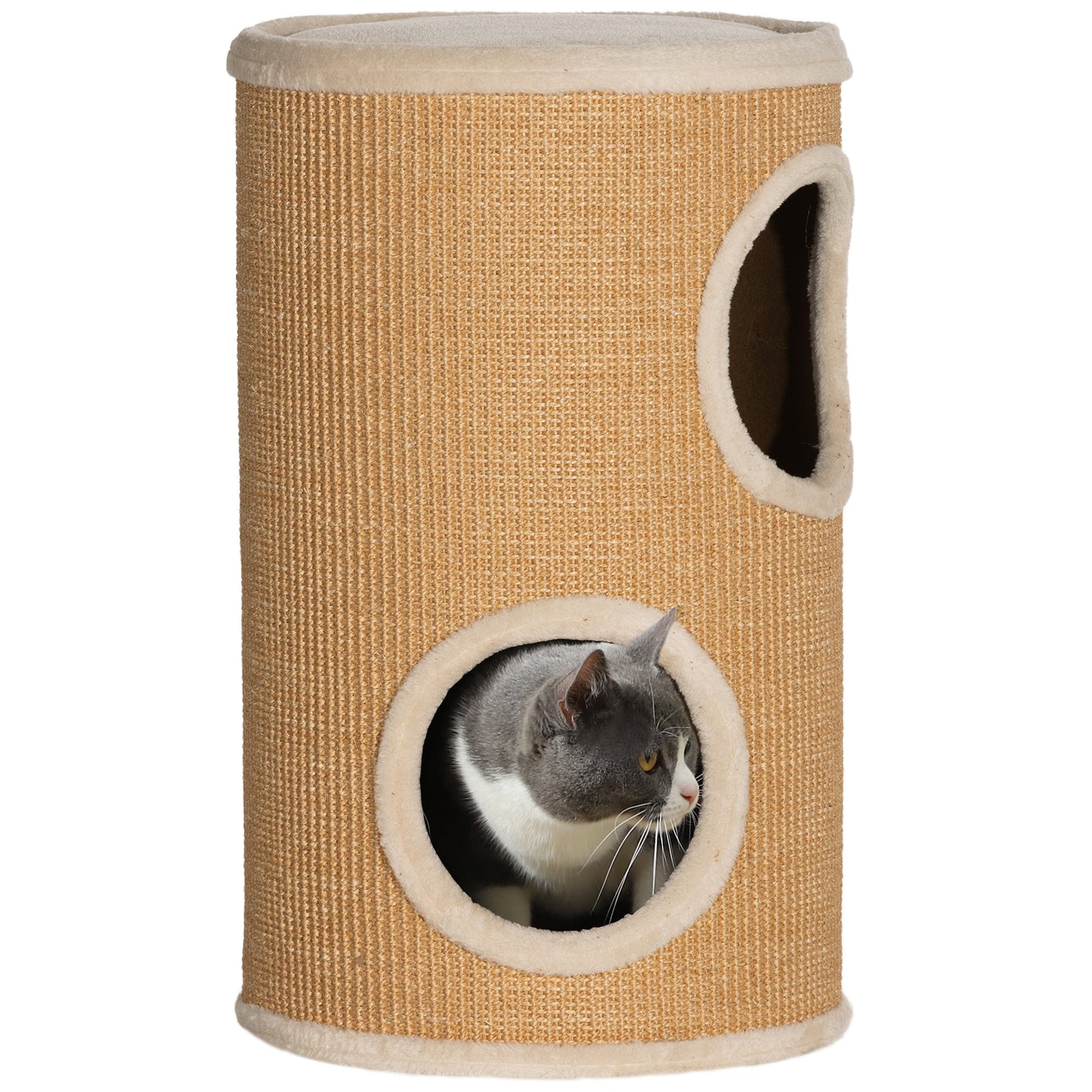 2-Tier Sisal Cat Scratching Tower with Plush Houses for 1-2 Cats, Brown