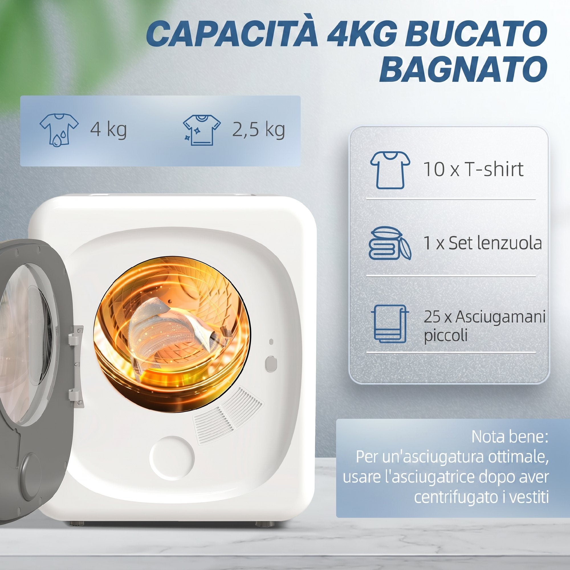 HOMCOM Mini Portable Dryer 4 kg, 5 Programs, 800W, Up to 60℃, Timer, Stainless Steel Drum, for Home, White