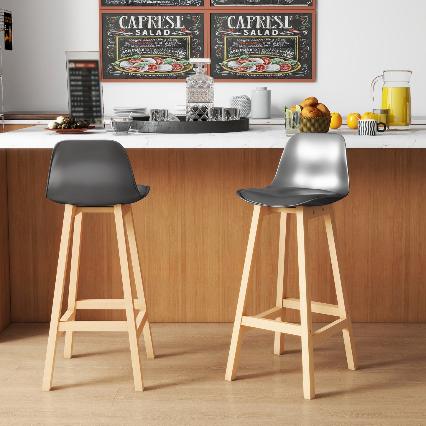 Set of 2 Bar Stools with Faux PU Leather Cushion, Wooden Legs and Footrest, Black