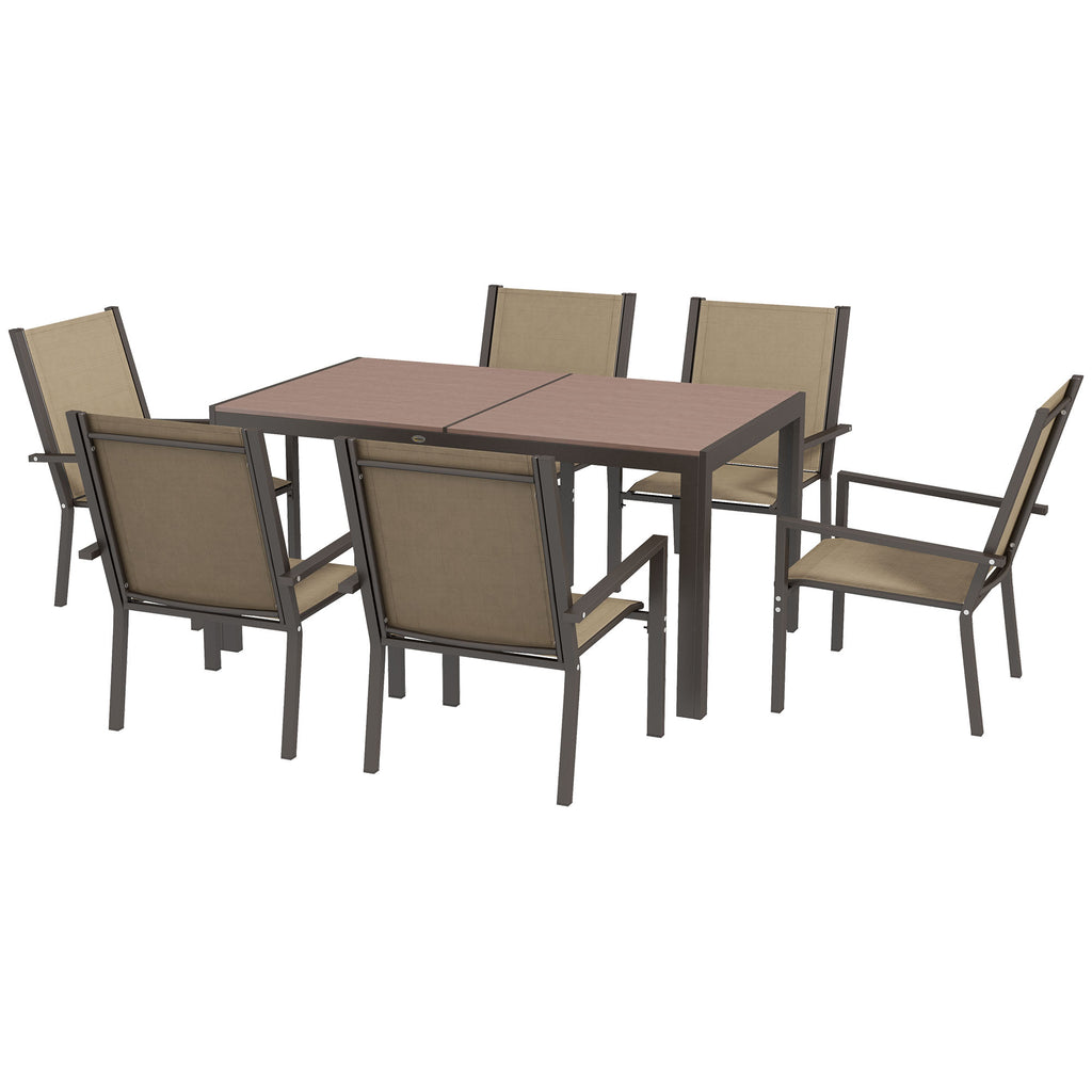 7-Piece Plastic Garden Set with 6 Stackable Chairs and Rectangular Table, Khaki and Brown - Borgè