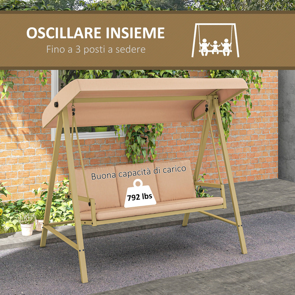 3-Seater Swing with Tilting Canopy and Cushions, in Steel and Textilene, 200x125x175 cm, Beige and Brown