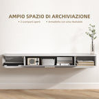 Wooden Wall Mounted TV Cabinet with 2 Open Shelves and Cabinet, 120x26x16 cm, White and Grey