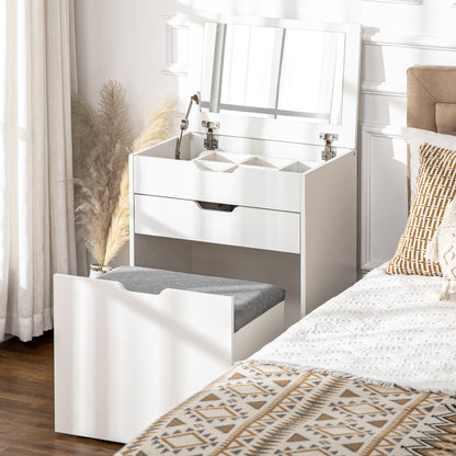 CAMELE | Bedroom dressing table with mirror, drawer and matching stool in wood, white