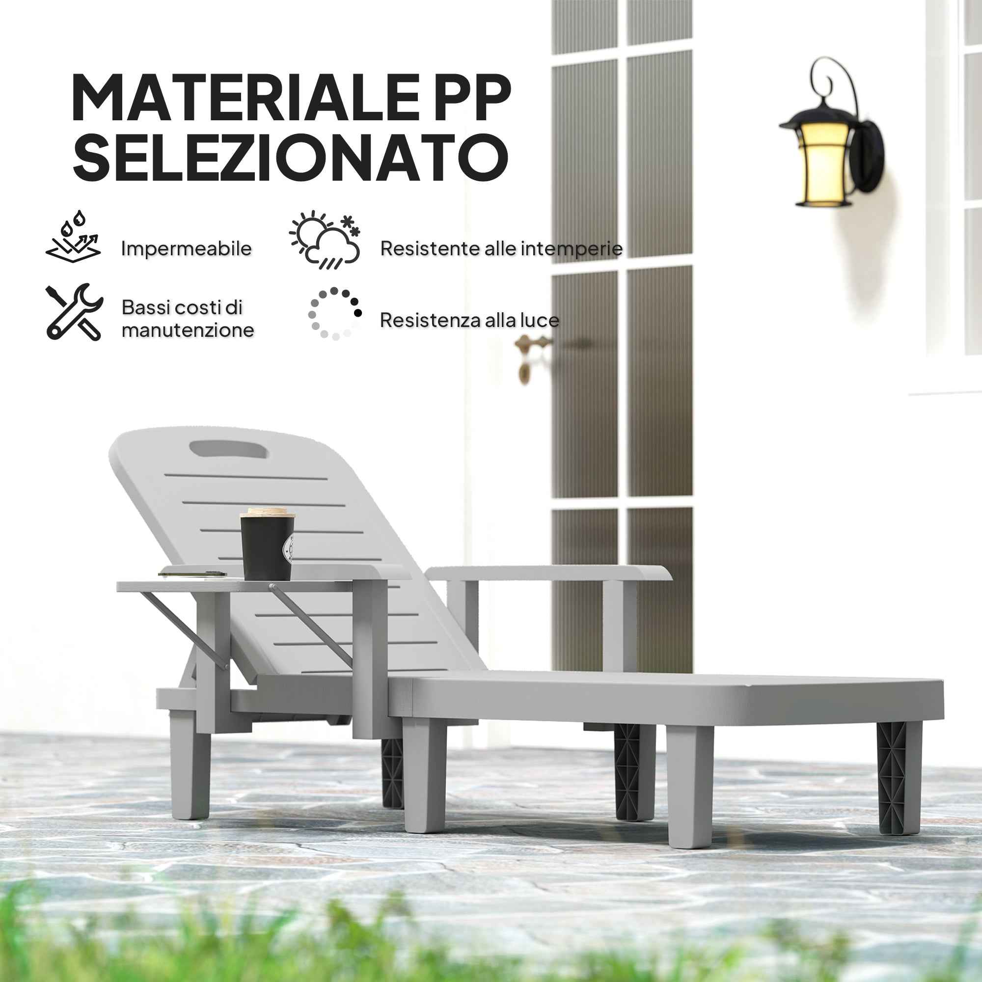 Outsunny Adjustable Garden Lounger with Table and Armrests, in Polypropylene, 79x158x88 cm, Light Grey